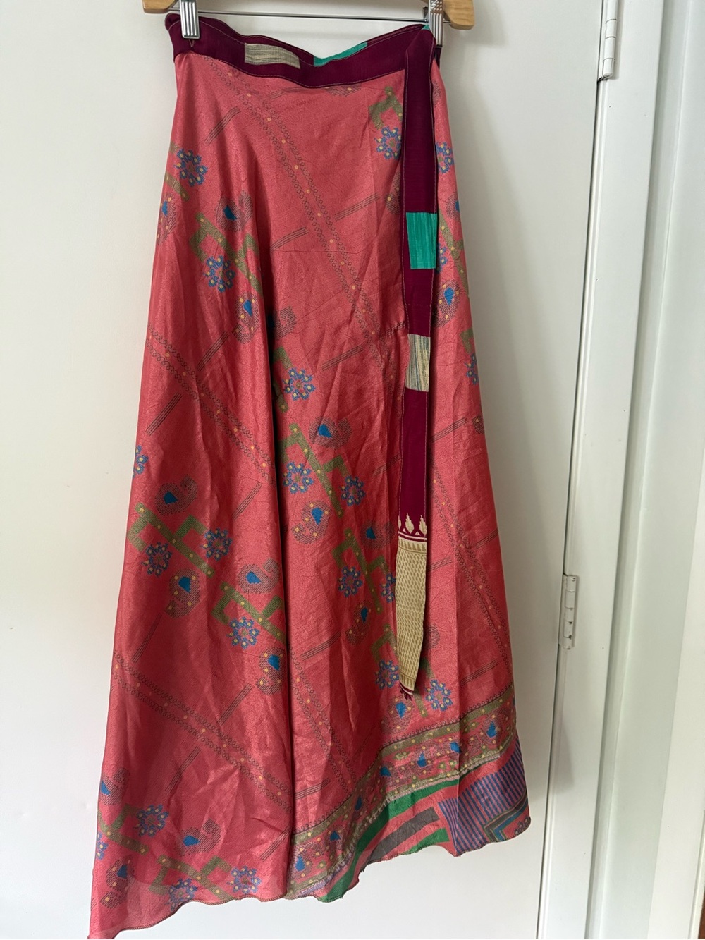 Reversible silk patterned wrap maxi skirt